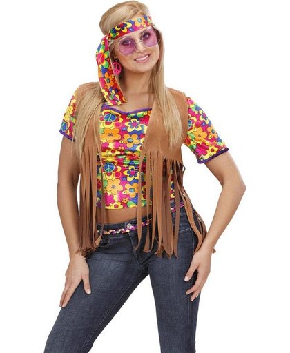 Bruin hippie vest met franjes en hoofdband voor vrouwen - Volwassenen kostuums