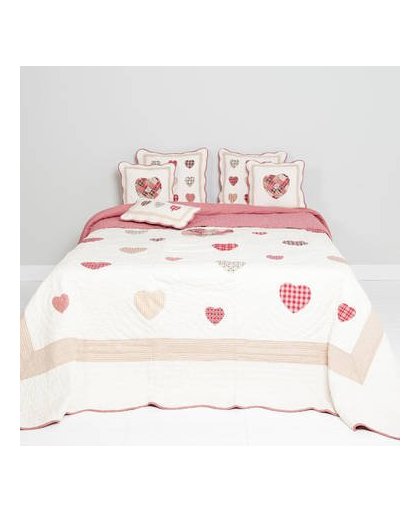 Clayre & eef bedsprei / quilt 230x260 cm patchwork hart design - rood, crème - katoen, polyester