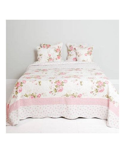 Clayre & eef bedsprei 230x260 - wit, roze - katoen, polyester, 100% polyester, vulling 50% katoen / 50% polyester