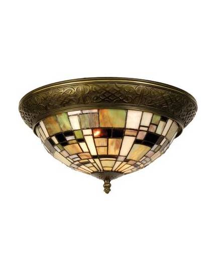 Clayre & eef tiffany plafondlamp plafonnière mosaic serie - bruin, groen, brons, multi, wit - ijzer, glas