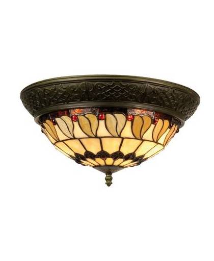 Clayre & eef tiffany plafondlamp plafonnière uit de leaf serie - bruin, rood, geel, brons, wit - ijzer, glas