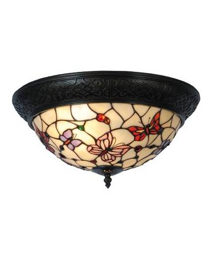 Clayre & eef ttiffany plafondlamp / plafonnière uit de butterfly serie - bruin, rood, brons, ivory, wit - ijzer, glas