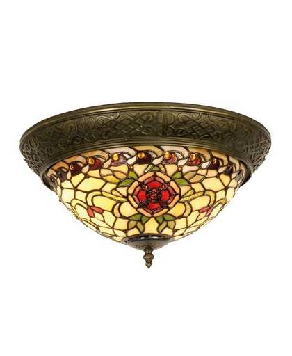 Clayre & eef tiffany plafondlamp compleet red flower serie - bruin, rood, brons, wit - ijzer, glas