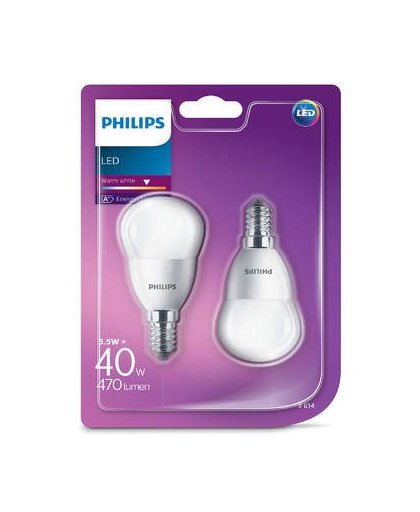 Philips led kogellamp e14 5.5w 2700k extra warm wit (blister 2 stuks)