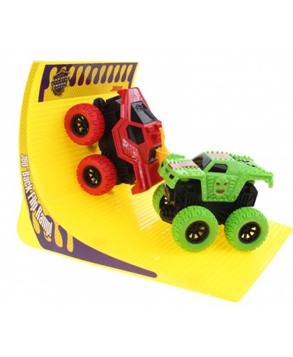 Toi Toys monstertrucks met schans groen/rood/geel 22 cm