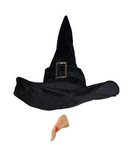 Halloween - Heksen accessoires set fluwelen hoed met neus voor dames Zwart