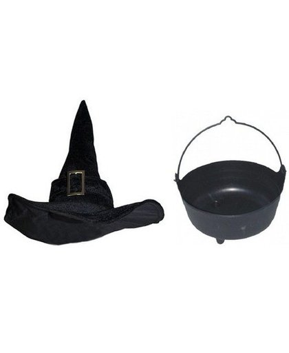 Halloween - Heksen accessoires set fluwelen hoed met ketel 37 cm voor dames Zwart