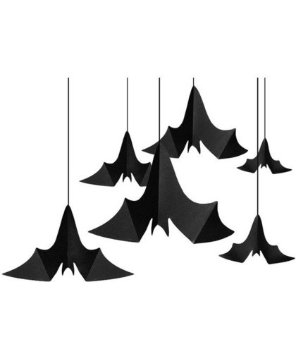 6x Zwarte vleermuizen hangdecoraties van papier Zwart