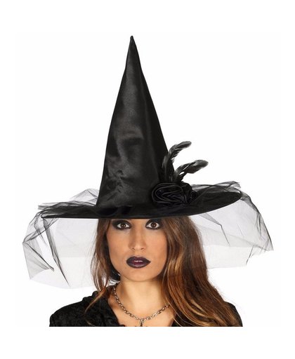 Halloween - Zwarte heksenhoed met bloem en sluier Zwart