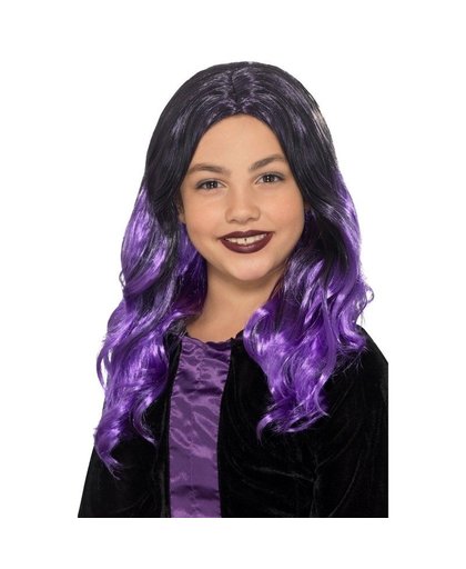 Halloween - Lange zwart met paarse meisjespruik met krullen Multi