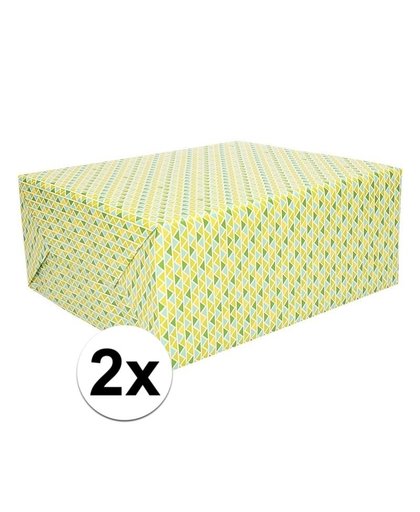 2x Cadeaupapier driehoekjes groen en geel 200 x 70 cm op rol Groen
