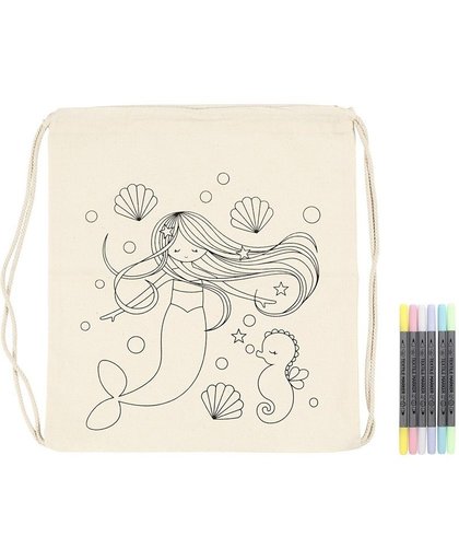 Kleurset rugzakje zeemeermin met textielstiften Wit