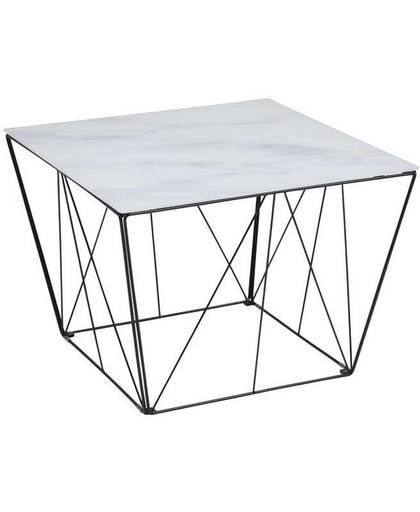 Squar salontafel met glazen bovenblad in marmerprint en zwart metalen onderstel
