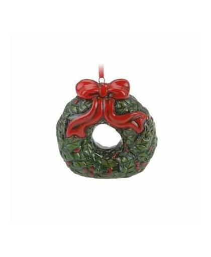 Kerstversiering kersthanger - kerstkrans vorm - keramiek 8 cm