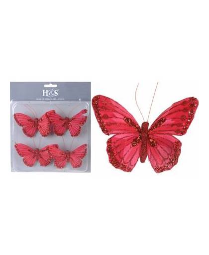 4 stuks kerstboomversiering vlinders rood op clip