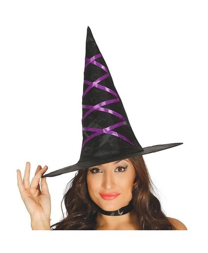 Halloween - Zwarte heksenhoed met paars lint voor dames Zwart