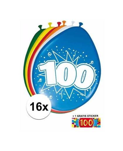 Ballonnen 100 jaar van 30 cm 16 stuks + gratis sticker