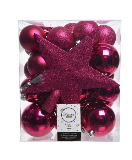 Fuchsia roze kerstballen pakket met piek 33 stuks Roze