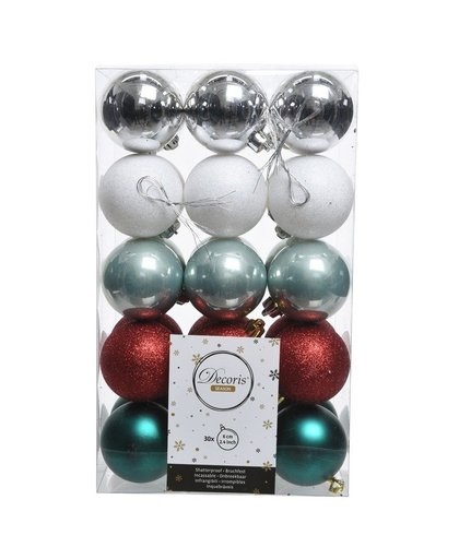 Zilver/groen/rode kerstversiering kerstballenset kunststof 6 cm Multi