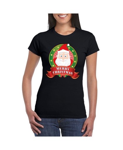 Kerst t-shirt met Kerstman zwart Merry Christmas voor dames M Zwart