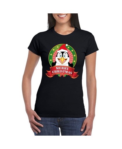 Pinguin Kerst t-shirt zwart Merry Christmas voor dames M Zwart