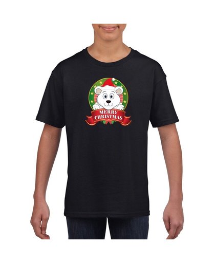 Zwart Kerst t-shirt voor kinderen met een ijsbeer XS (110-116) Zwart