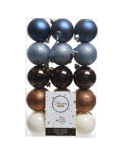 Blauw/bruin/witte kerstversiering kerstballenset kunststof 6 cm Multi
