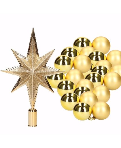 Kerstboomversiering set goud met 36 kerstballen en ster piek Geel