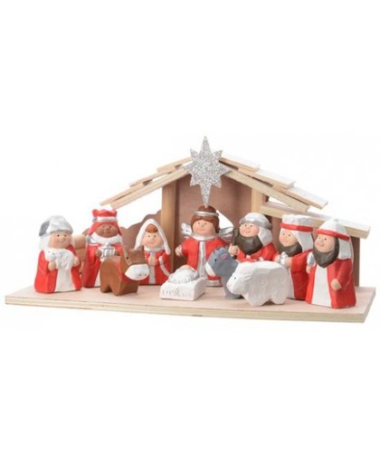 Kerststal met 11 figuren rood/wit 32cm Multi