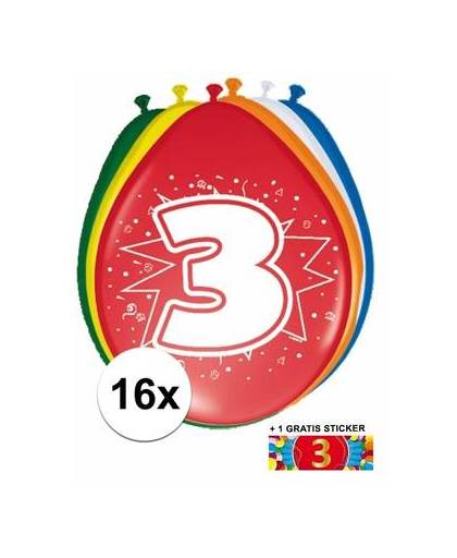 Ballonnen 3 jaar van 30 cm 16 stuks + gratis sticker
