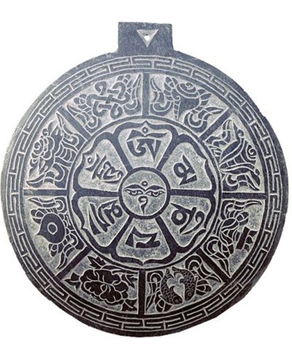Leisteen reliëf acht voorspoedsymbolen en OMPMH (24 cm)