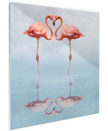Hart van flamingos reflectie in water Glas 50x50 cm - Foto print op Glas (Plexiglas wanddecoratie)