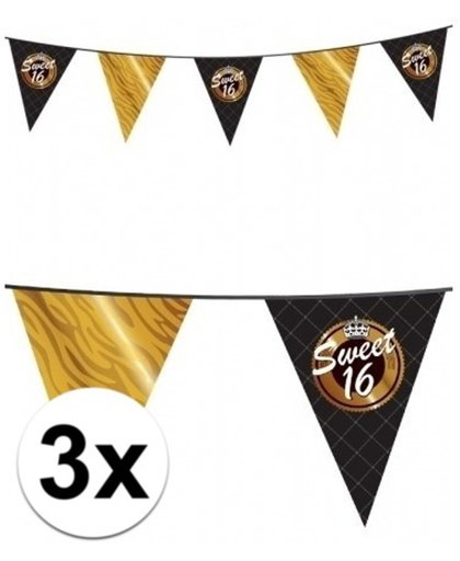 3x stuks sweet sixteen vlaggetjes slinger - 10 meter - vlaggenlijn