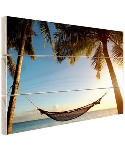 FotoCadeau.nl - Hangmat tussen palmbomen tropisch strand Hout 60x40 cm - Foto print op Hout (Wanddecoratie)