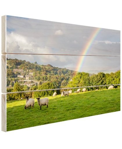 FotoCadeau.nl - Schapen onder levendige regenboog Hout 60x40 cm - Foto print op Hout (Wanddecoratie)
