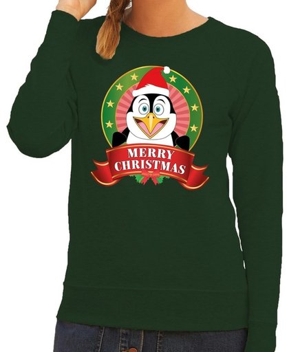 Foute kersttrui / sweater pinguin - groen - Merry Christmas voor dames L (40)