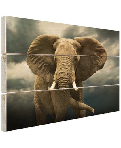FotoCadeau.nl - Afrikaanse olifant donkere wolken Hout 120x80 cm - Foto print op Hout (Wanddecoratie)