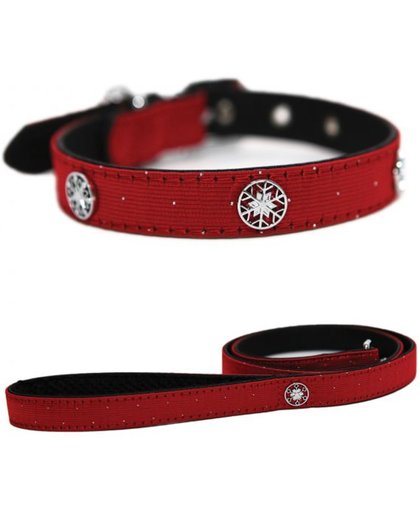 Halsband voor  + looplijn voor hond set sneeuwvlok rood small