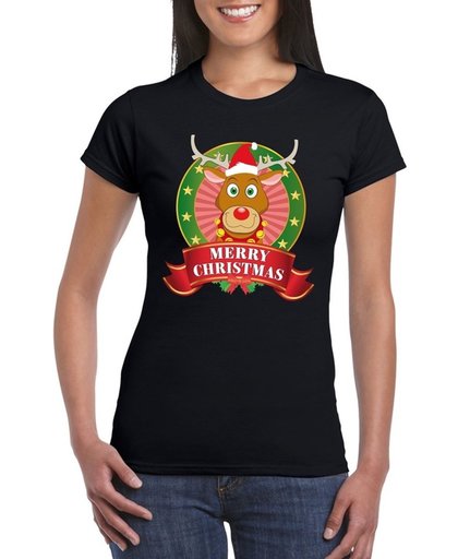 Rudolf Kerst t-shirt zwart Merry Christmas voor dames - Kerst shirts S
