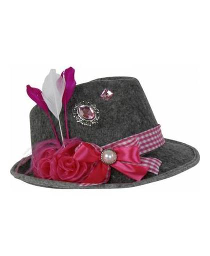 Oktoberfest - grijze tiroler hoed met roze veer