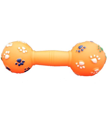 Een rubber speeltje in de vorm van een halter in de kleur oranje met piep geluid.