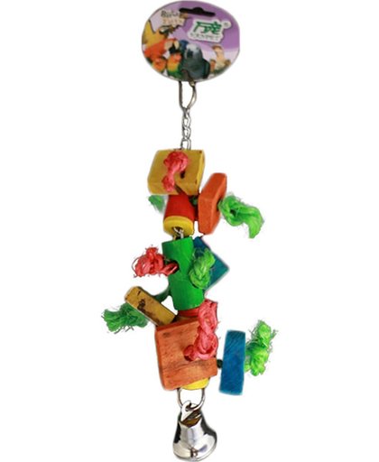 Een speeltje met belletje, rondjes en vierkantjes voor de papegaai of kaketoe