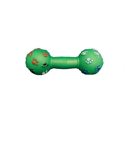 Een rubber speeltje in de vorm van een halter in de kleur groen met piep geluid.