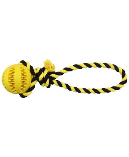 Gele bal met touw waar de hond lekker mee kan ravotten.