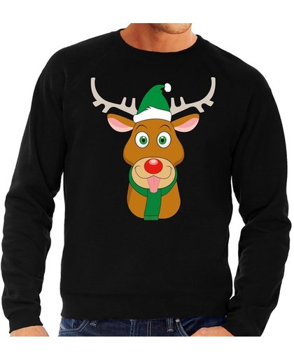 Foute kersttrui / sweater met Rudolf het rendier met groene kerstmuts zwart voor heren - Kersttruien M (50)
