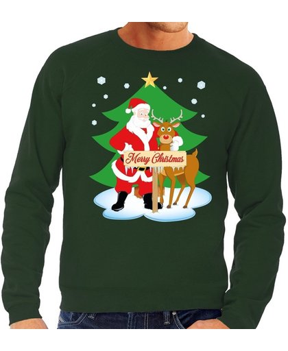 Foute kersttrui / sweater met de kerstman en rendier Rudolf groen voor heren - Kersttruien M (50)