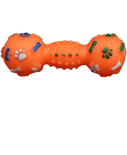 Een rubber speeltje in de vorm van een kleine halter in de kleur oranje met piep geluid.
