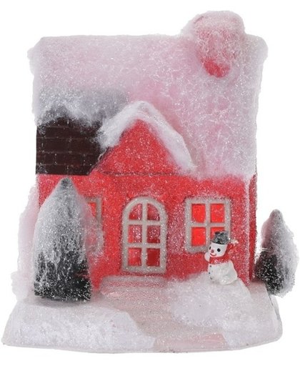 Rood kerstdorp huisje 18 cm type 1 met LED verlichting - kersthuisje