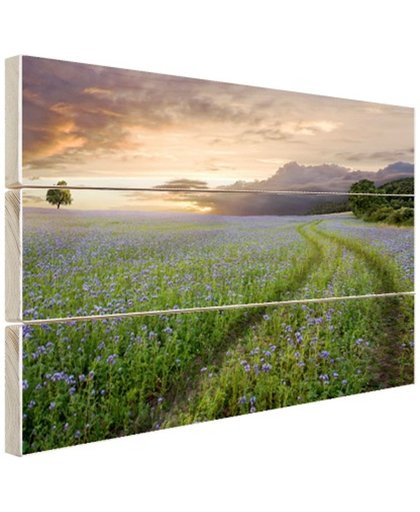 FotoCadeau.nl - Blauwe en paarse bloemen zonsondergang Hout 120x80 cm - Foto print op Hout (Wanddecoratie)