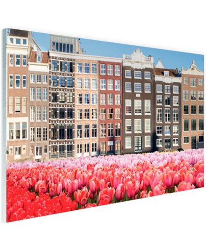 FotoCadeau.nl - Pakhuizen met tulpen op de voorgrond Glas 90x60 cm - Foto print op Glas (Plexiglas wanddecoratie)